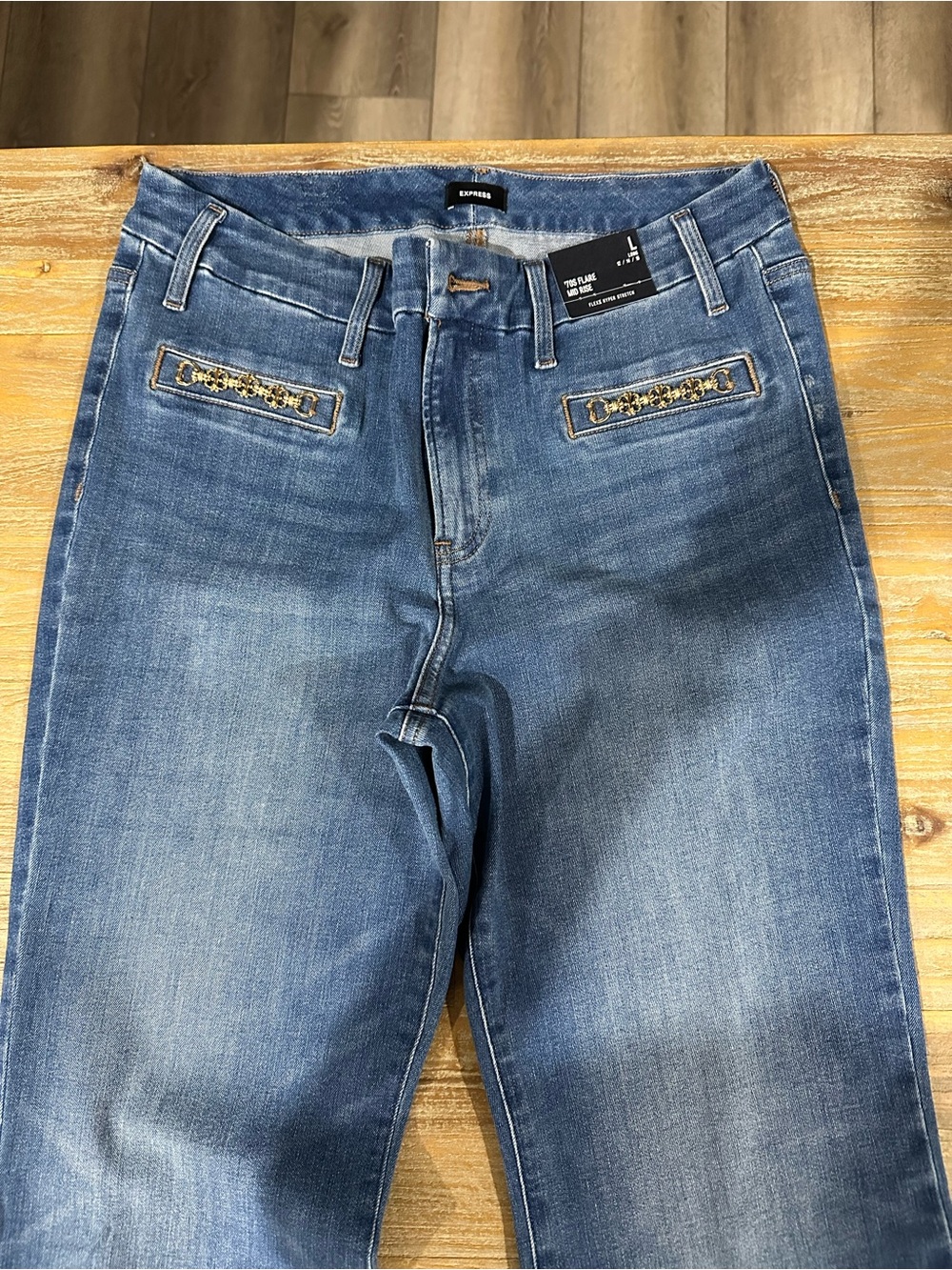 Express Blue Mid-Rise 70s Flare Jeans